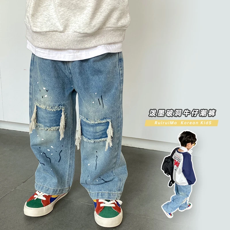 春装韩版破洞油漆泼墨阔腿裤个性帅气中小男宝儿童牛仔裤长裤潮裤