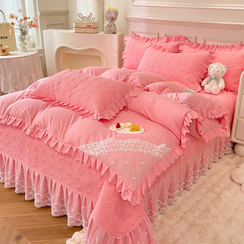四季通用床盖四件套韩版公主风蕾丝花边被套加厚夹棉床罩床上用品