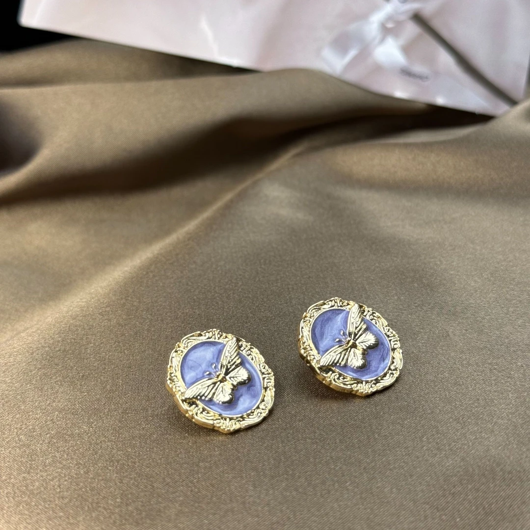 铜合金耳饰 油画质感中古风蝴蝶耳钉银针 1015