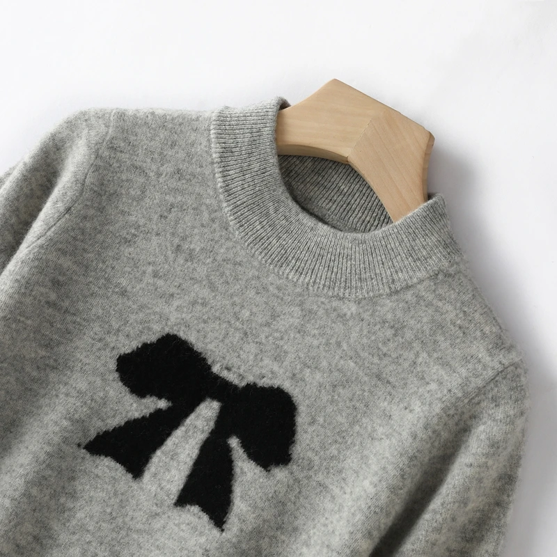 儿童毛衣100%羊毛中大童半高领蝴蝶结羊毛衫男女童提花针织打底衫