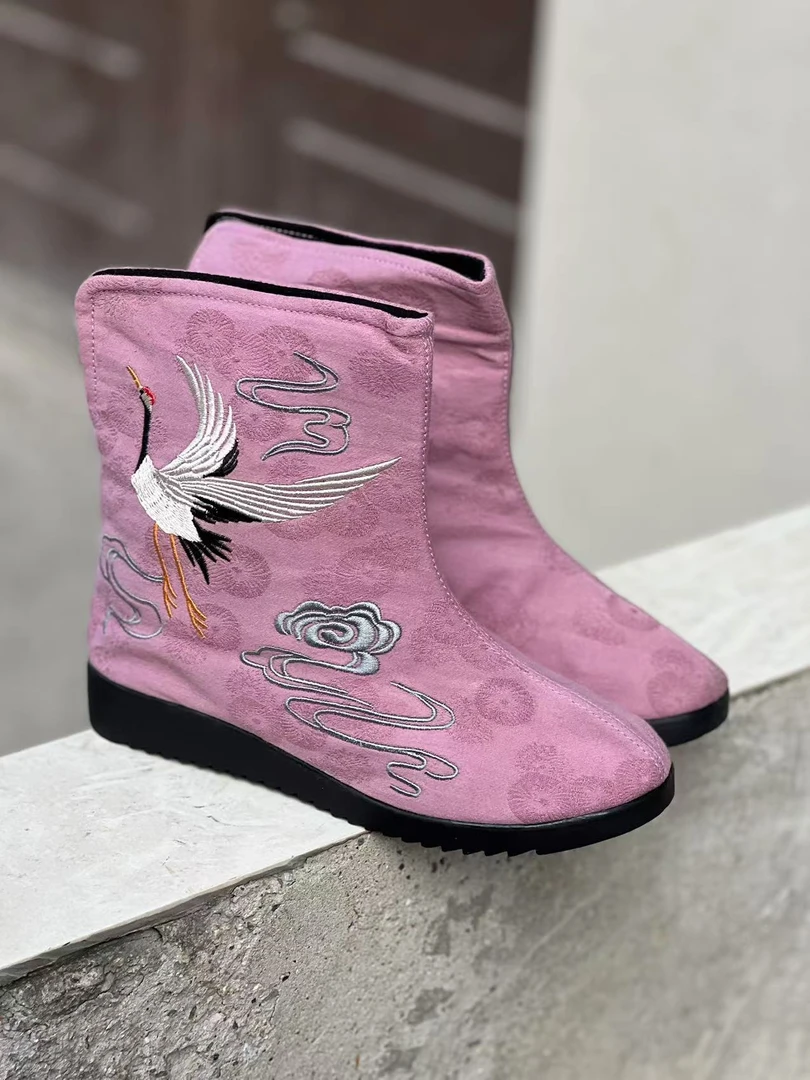 仙鹤平底短款单靴中国风