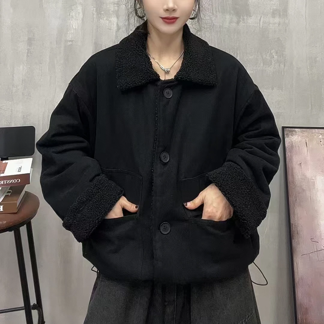 78402新款秋冬加厚双面穿翻领休闲百搭减龄大口袋上衣棉服