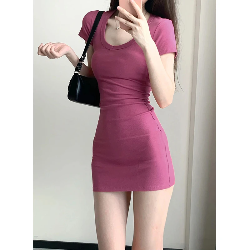 玫红色短裙修身连衣裙女夏季辣妹包臀裙子紧身性感穿搭