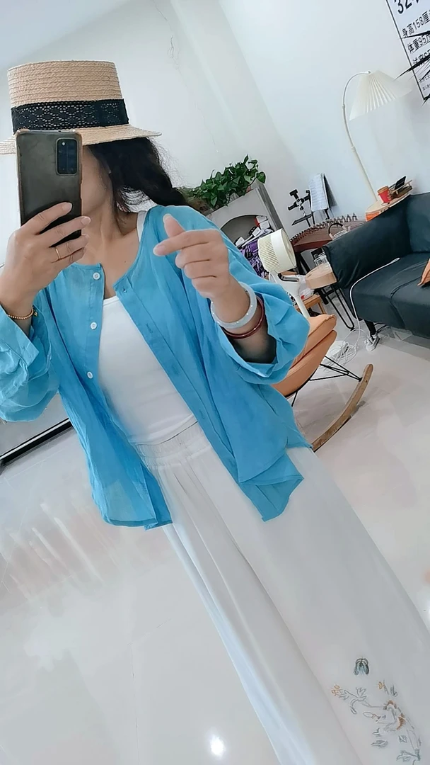 苎麻夏季新款韩版宽松显瘦圆领单排扣长袖防晒衬衫女上衣