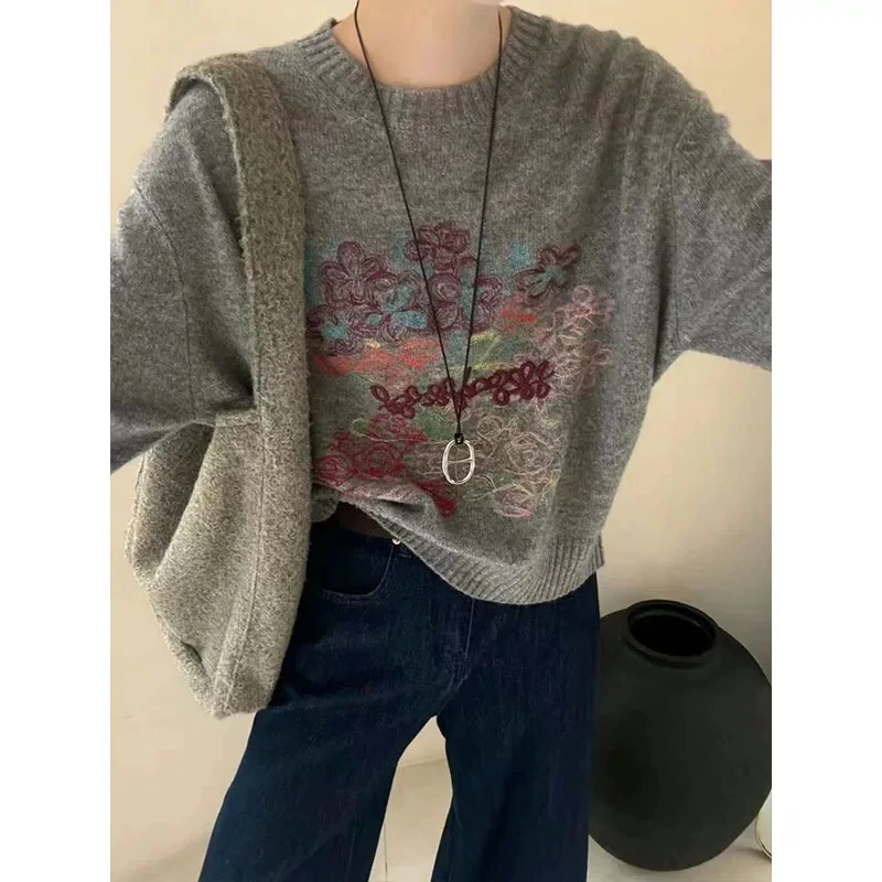 韩系秋冬款小众设计感彩色花卉小鹿重工刺绣百搭圆领针织衫毛衣女