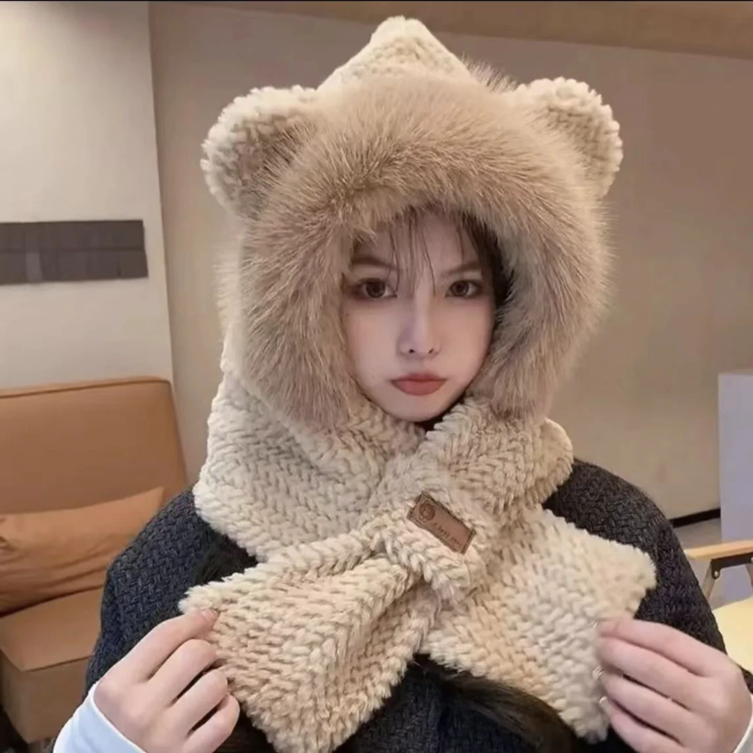 2024新款【编织二件套】时尚百搭韩版毛绒加厚秋冬季防寒保暖帽