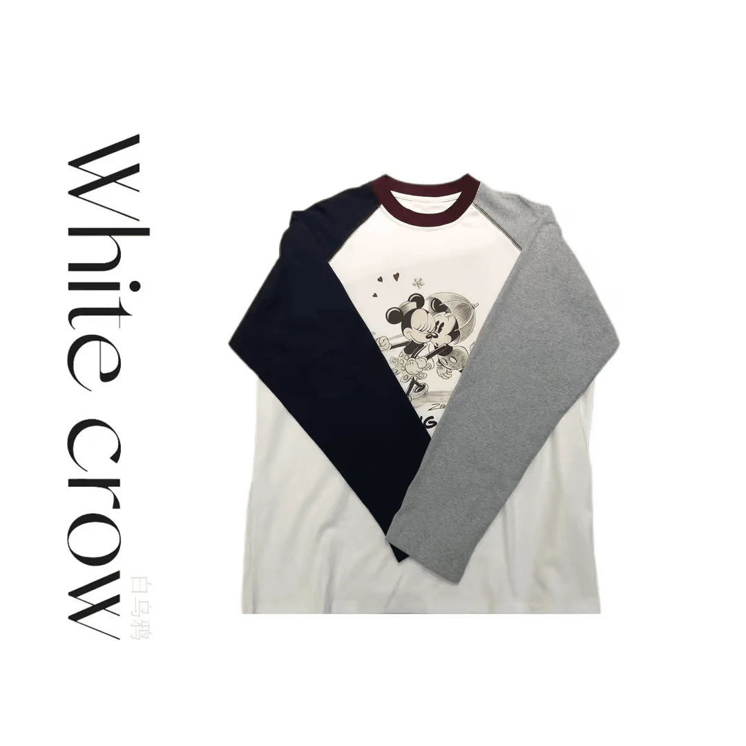 白乌鸦[可爱卡通插肩袖]长袖T 拼接撞色时尚设计师印花宽松 7140