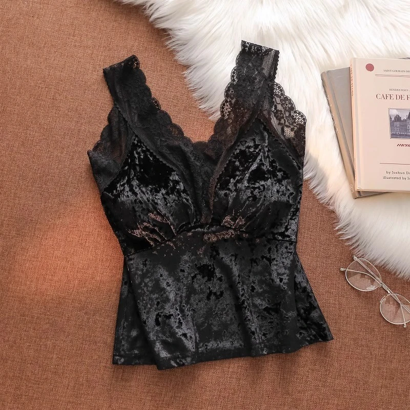 丝绒吊带背心女款西装内搭高档秋冬性感外穿蕾丝拼接辣妹v领上衣