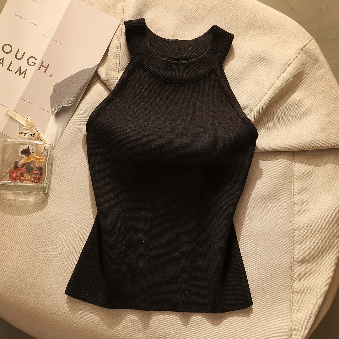 黑色针织露肩挂脖吊带背心内搭女夏季外穿2025新款短款无袖上衣女