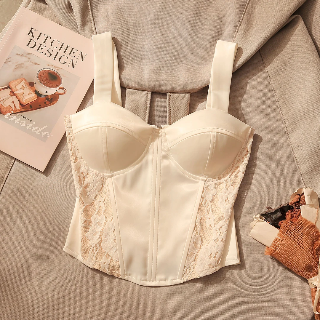 纯欲辣妹蕾丝鱼骨胸衣吊带背心女内搭带胸垫性感修身打底抹胸上衣
