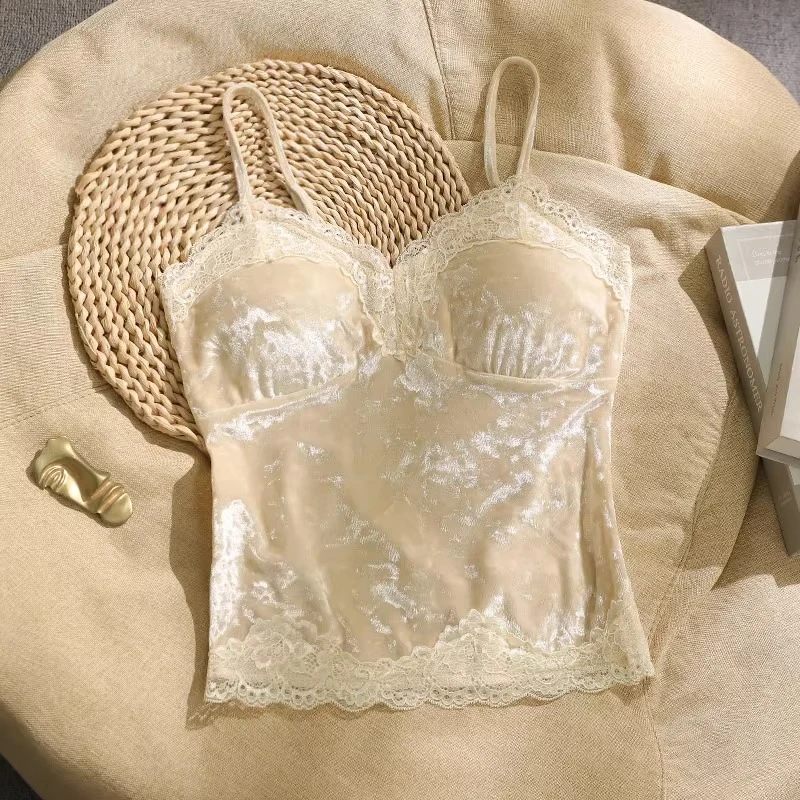 法式丝绒性感花边蕾丝吊带背心女内搭打底衫外穿胸垫无袖抹胸上衣