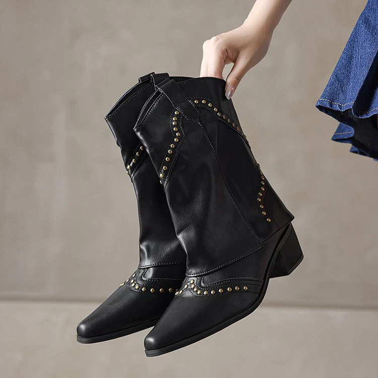 复古铆钉高筒裤管靴法式女靴子百搭西部牛仔靴骑士靴小个子长筒靴