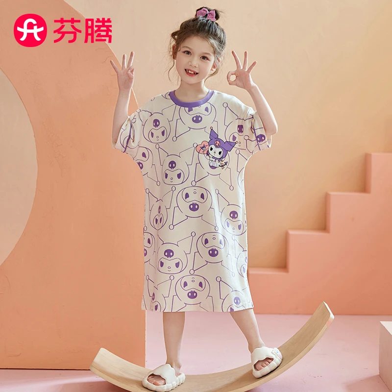 芬腾女童公主风连衣睡裙夏季短袖新款纯棉睡衣中大女童儿童睡衣