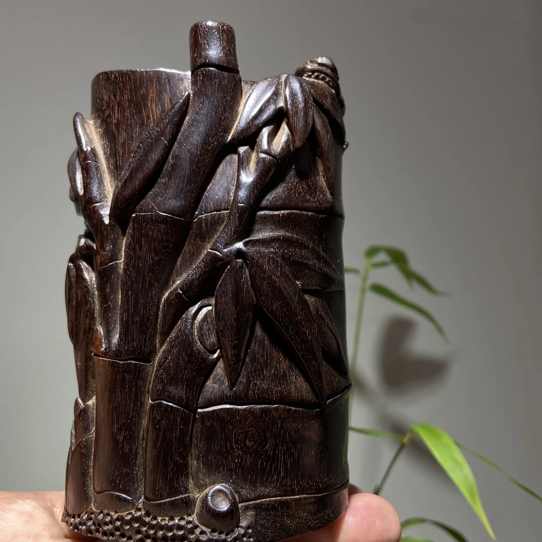 手工雕刻印度小叶紫檀笔筒貔貅竹子老料笔筒