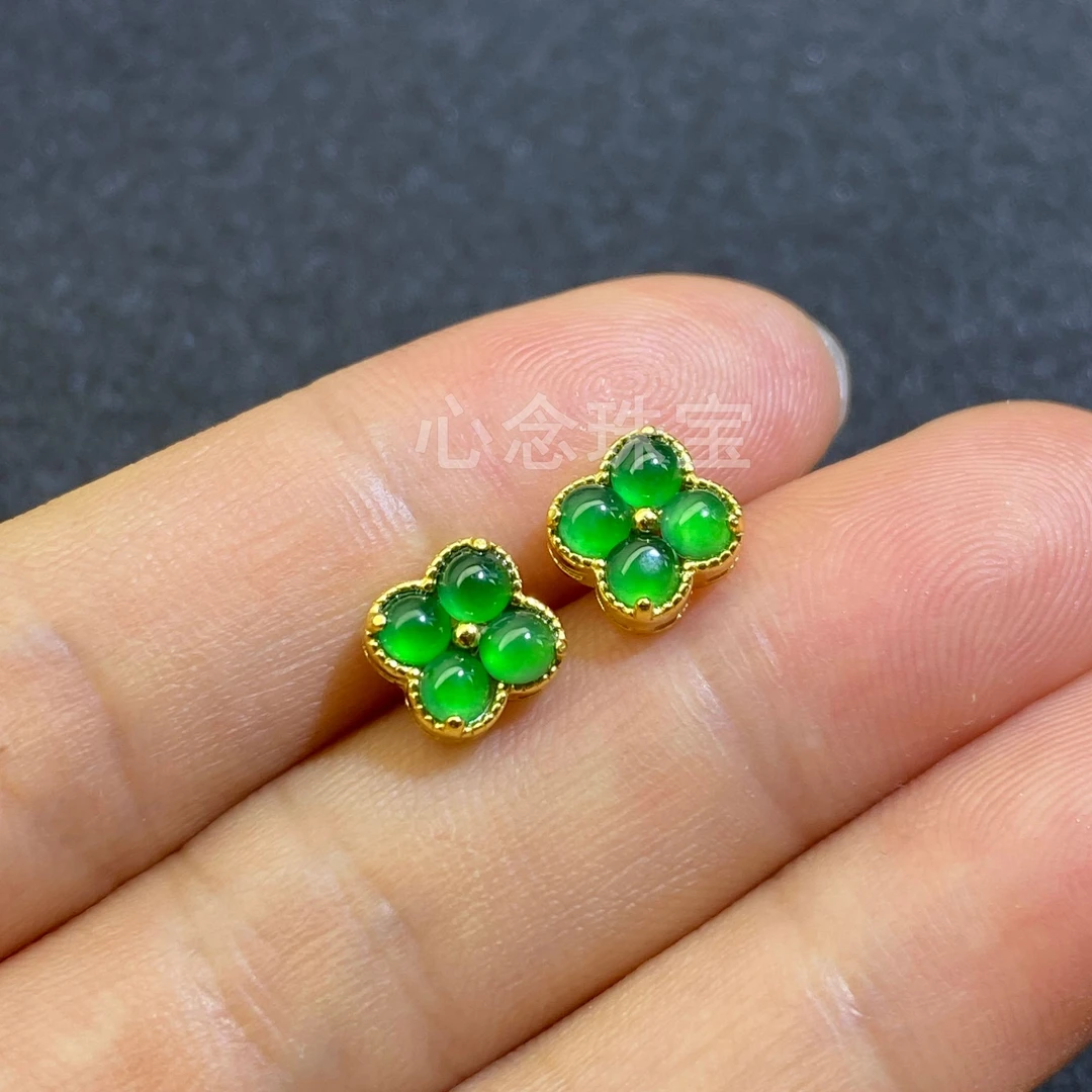 心念珠宝天然翡翠A货四叶草耳钉多样性S925银镶满绿满色气质耳饰