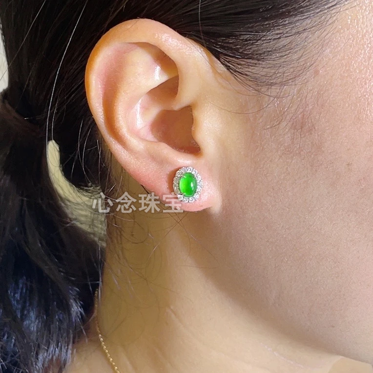 翡翠椭圆耳钉天然A货S925银镶嵌多样性百搭精致气质满绿翡翠耳饰