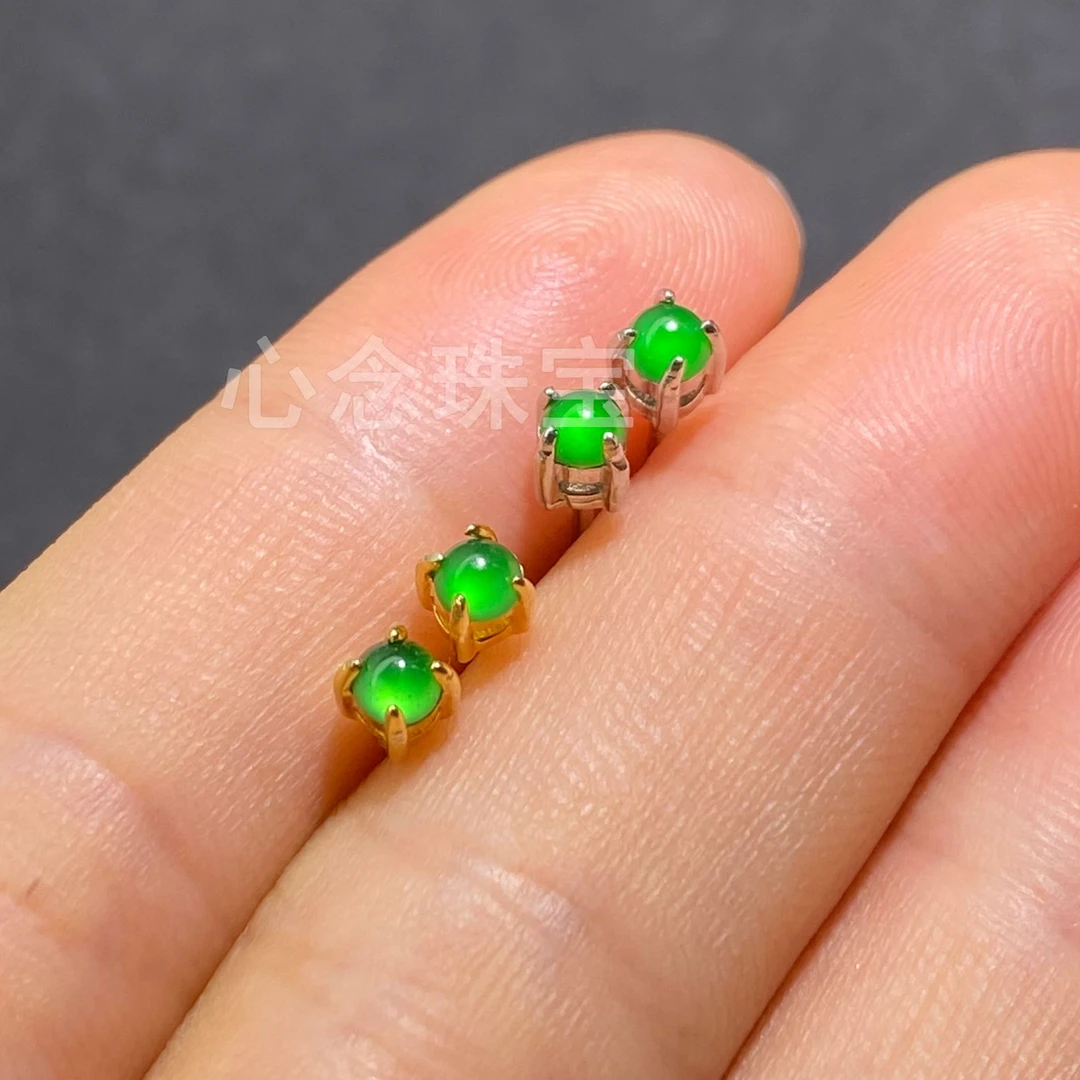 翡翠耳钉天然A货翡翠蛋面3*3mm冰透满绿S925银镶嵌多样性精致潮流