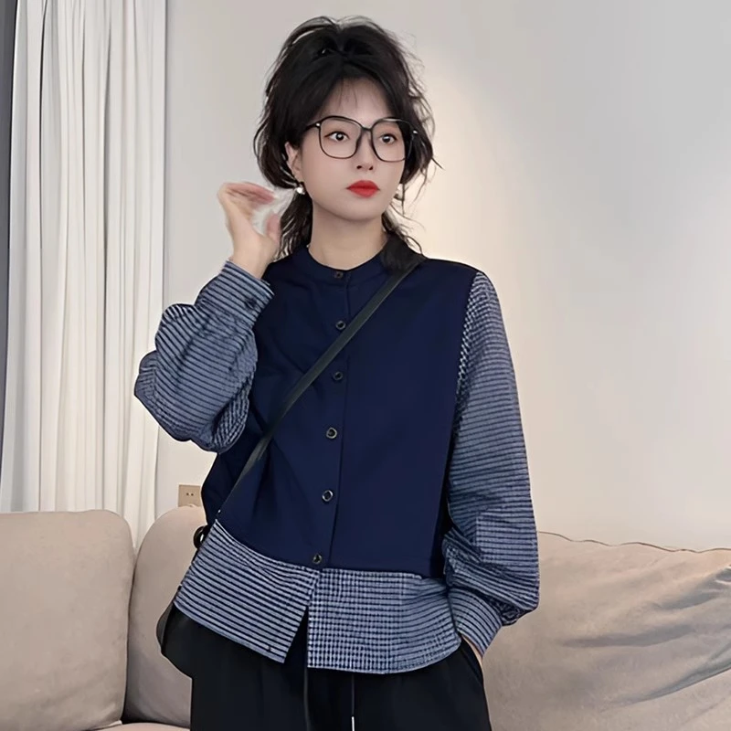 2026年春秋新款设计感百搭休闲格子假两件拼接宽松显瘦衬衫上衣女