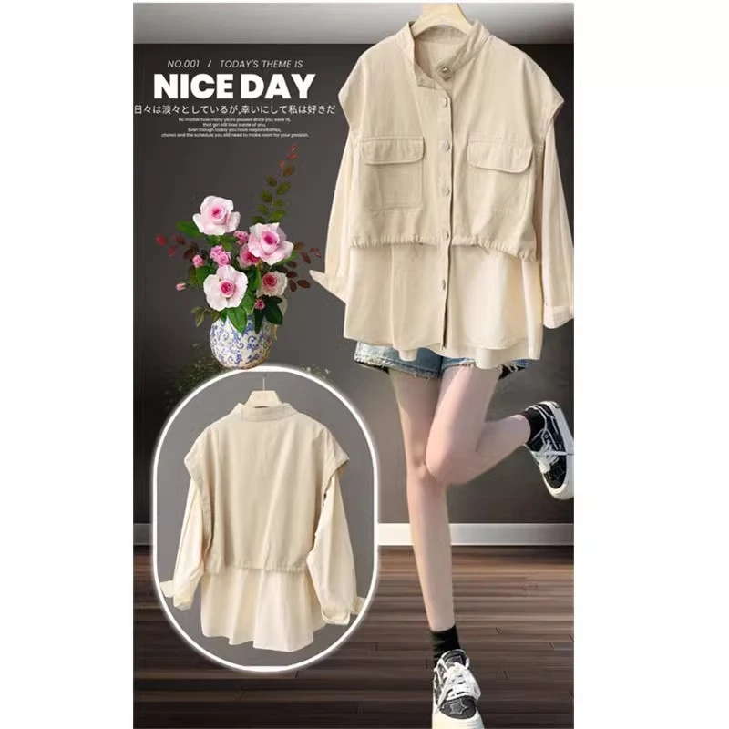 2024年春秋新款设计感时髦别致拼接假两件宽松大码长袖衬衫上衣女