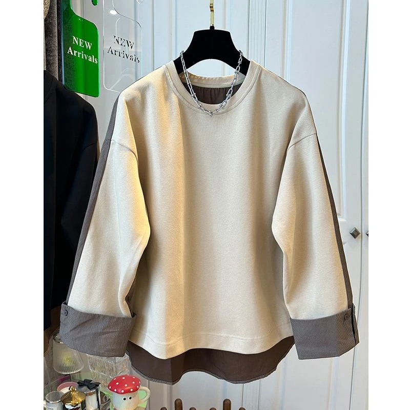 2024春秋新款设计感休闲百搭条纹撞色宽松大码长袖圆领卫衣小衫女