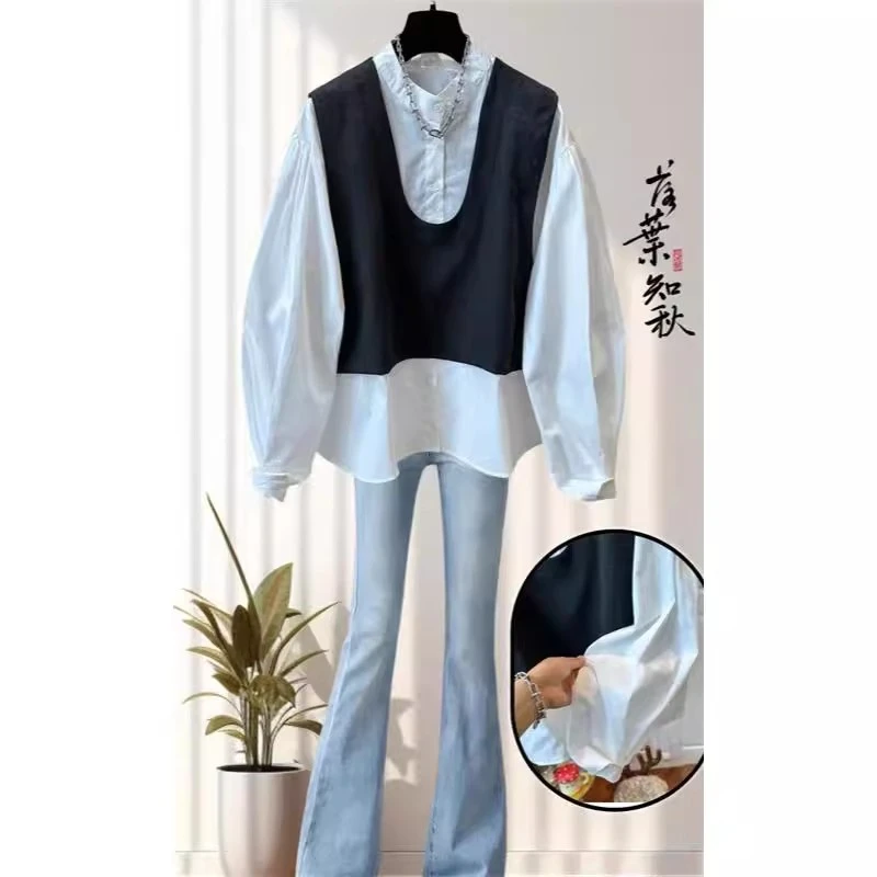 2024年春秋新款时尚休闲设计感简约假两件宽松大码长袖衬衫上衣女