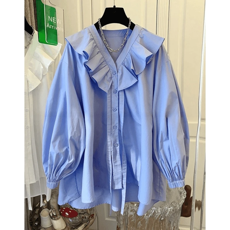 2024年春秋新款法式高级感减龄甜美荷叶边宽松大码长袖衬衫上衣女