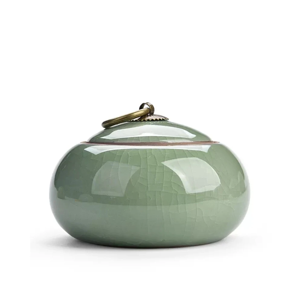 哥窑青瓷中式手工茶道当代简约陶瓷茶叶罐天青便携密封罐储存储物