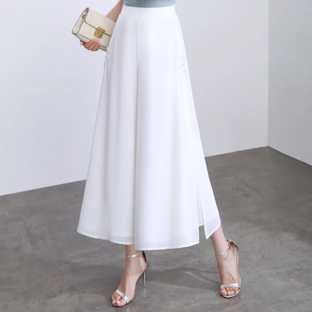 白色时尚洋气松紧腰雪纺阔腿裤直筒休闲九分裤开叉清凉薄款裙裤