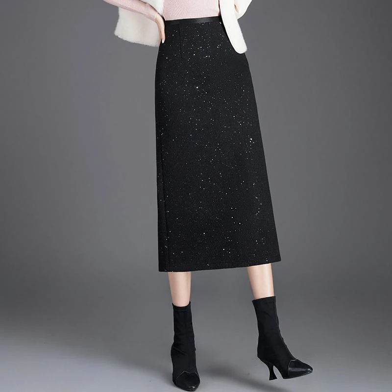 小香风亮片包臀半身裙女秋冬中长款高腰通勤直筒裙显瘦开叉一步裙