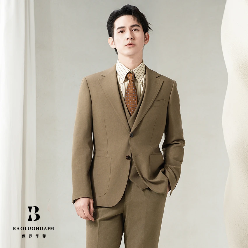 保罗华菲外套西装男士休闲西服修身商务正装时尚结婚灰色卡其色