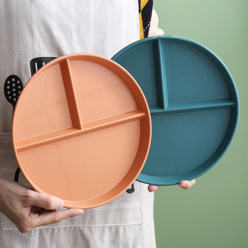 小麦秸秆分格圆形盘子家用一人食减脂定量餐盘塑料三格水果早餐盘