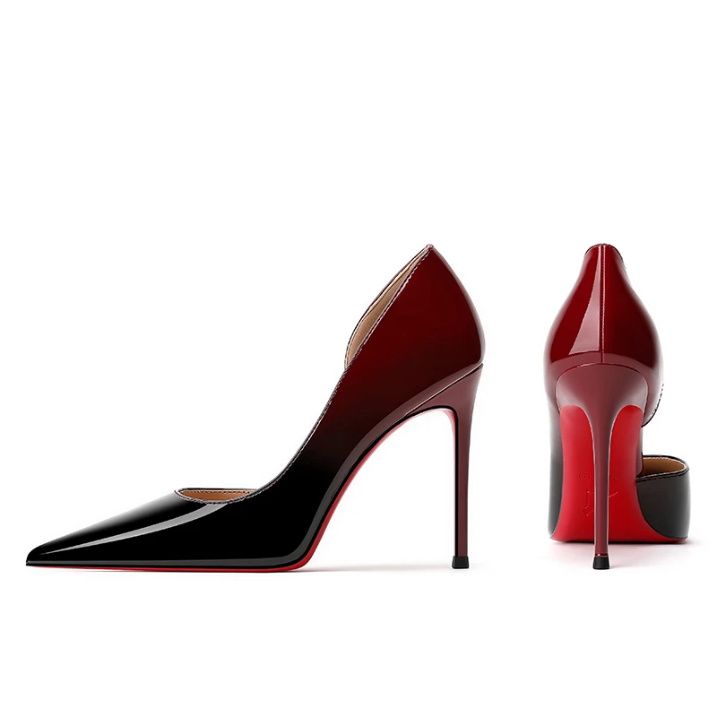 渐变色高跟鞋女细跟2025春秋新款红底漆皮尖头性感拼色晚宴单鞋女