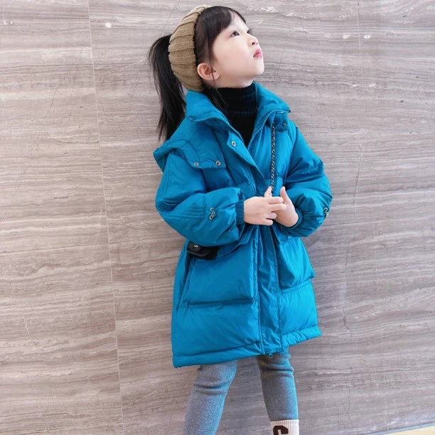 女童羽绒服冬季新品新款网红女孩白鸭绒中长款连帽羽绒服外套