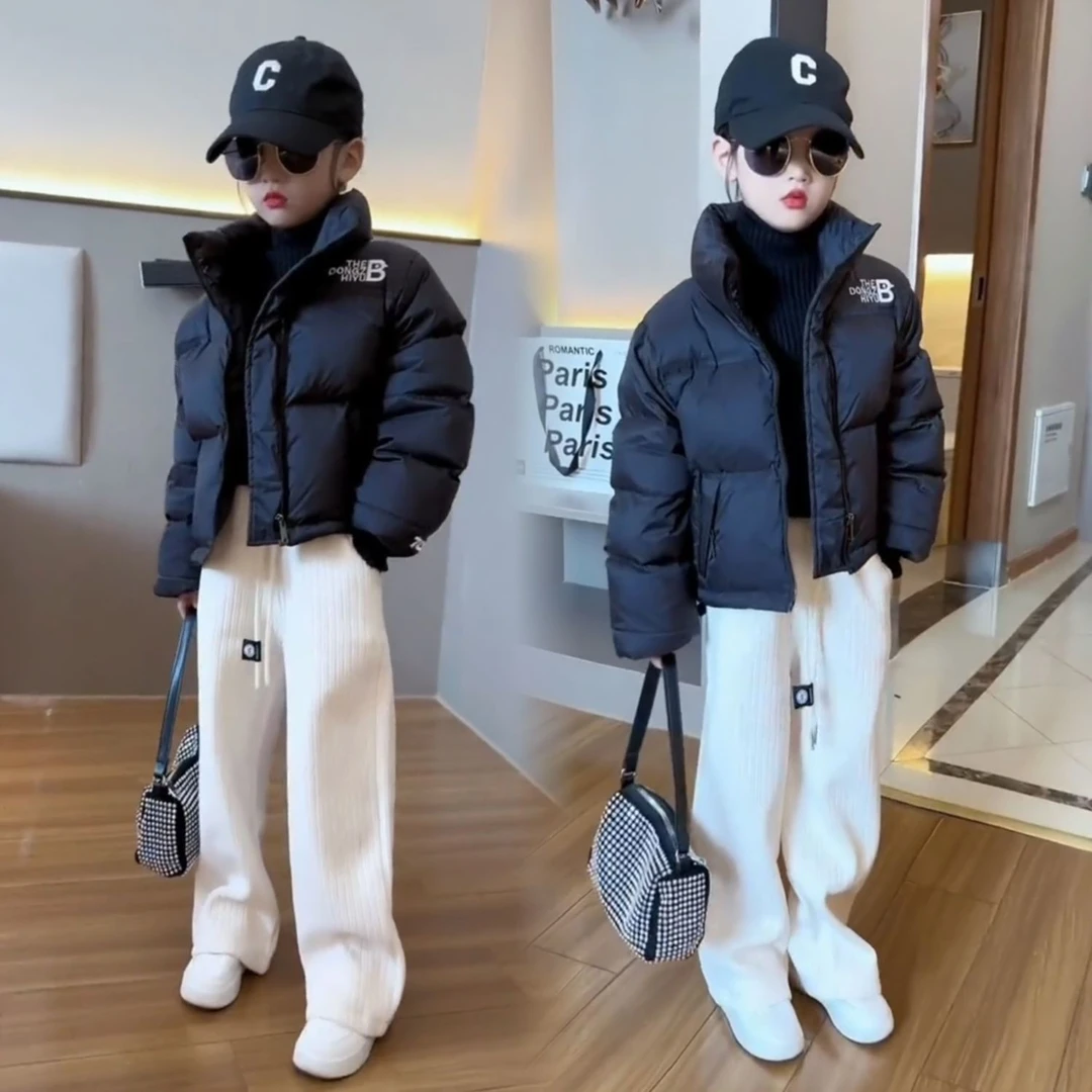 女童冬装羽绒服韩版外套儿童-岁休闲洋气短款上衣中大童白鸭绒