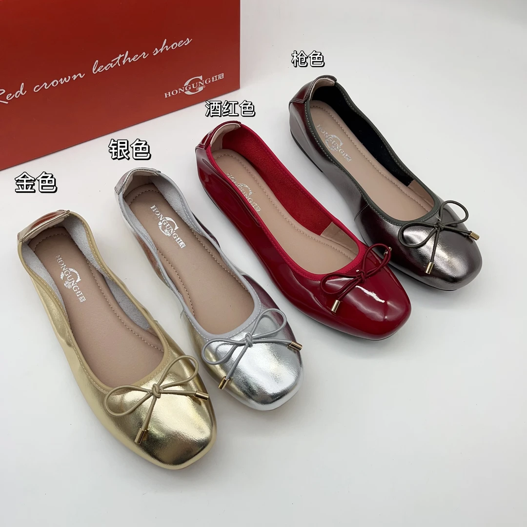 红冠夏季新款真皮蛋卷鞋软底女圆头浅口平底瓢鞋蝴蝶结休闲223