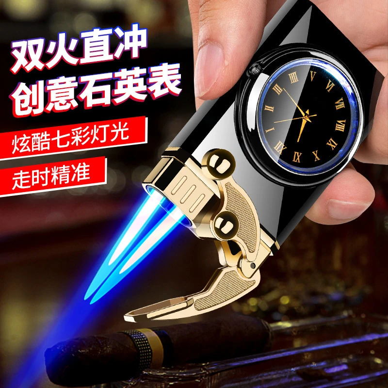 Z新款R创意钟表双直冲摇臂充气打火机炫酷彩灯激光雕刻打火机网红