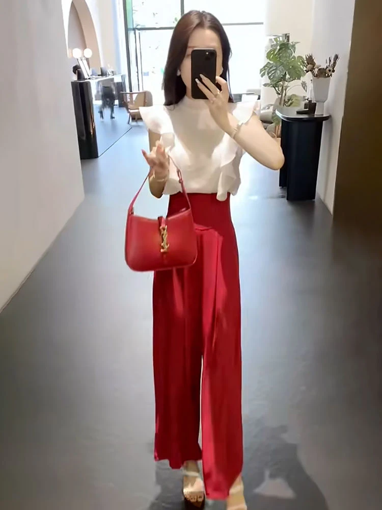 青竹雪轻奢气质2024新款夏季女套装网纱拼接上衣+阔腿裤两件套潮