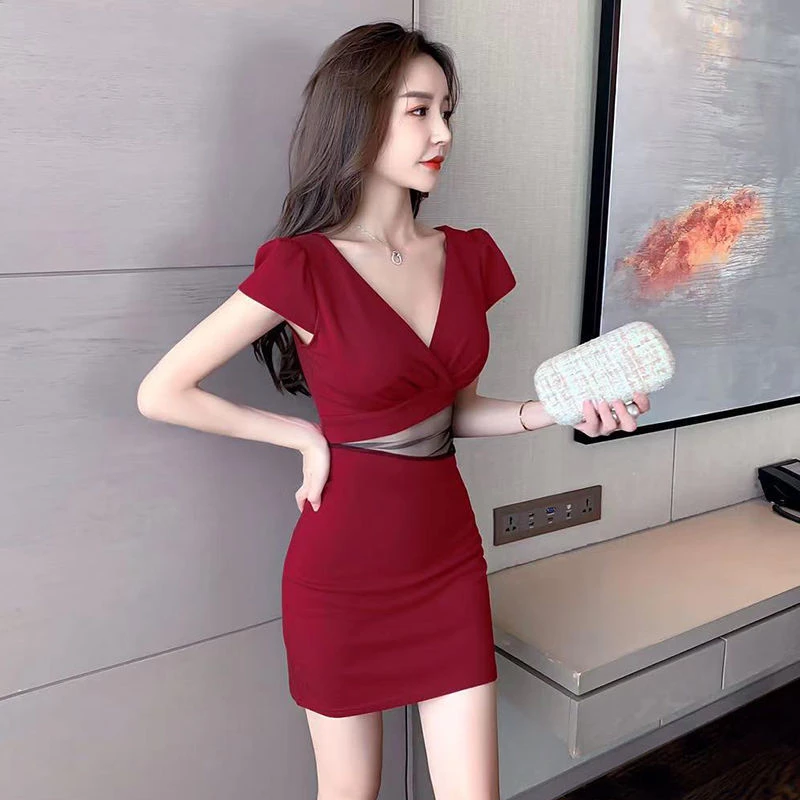 青竹雪夜店气质收腰修身显瘦紧身v领性感修身包臀裙桑职业连衣裙