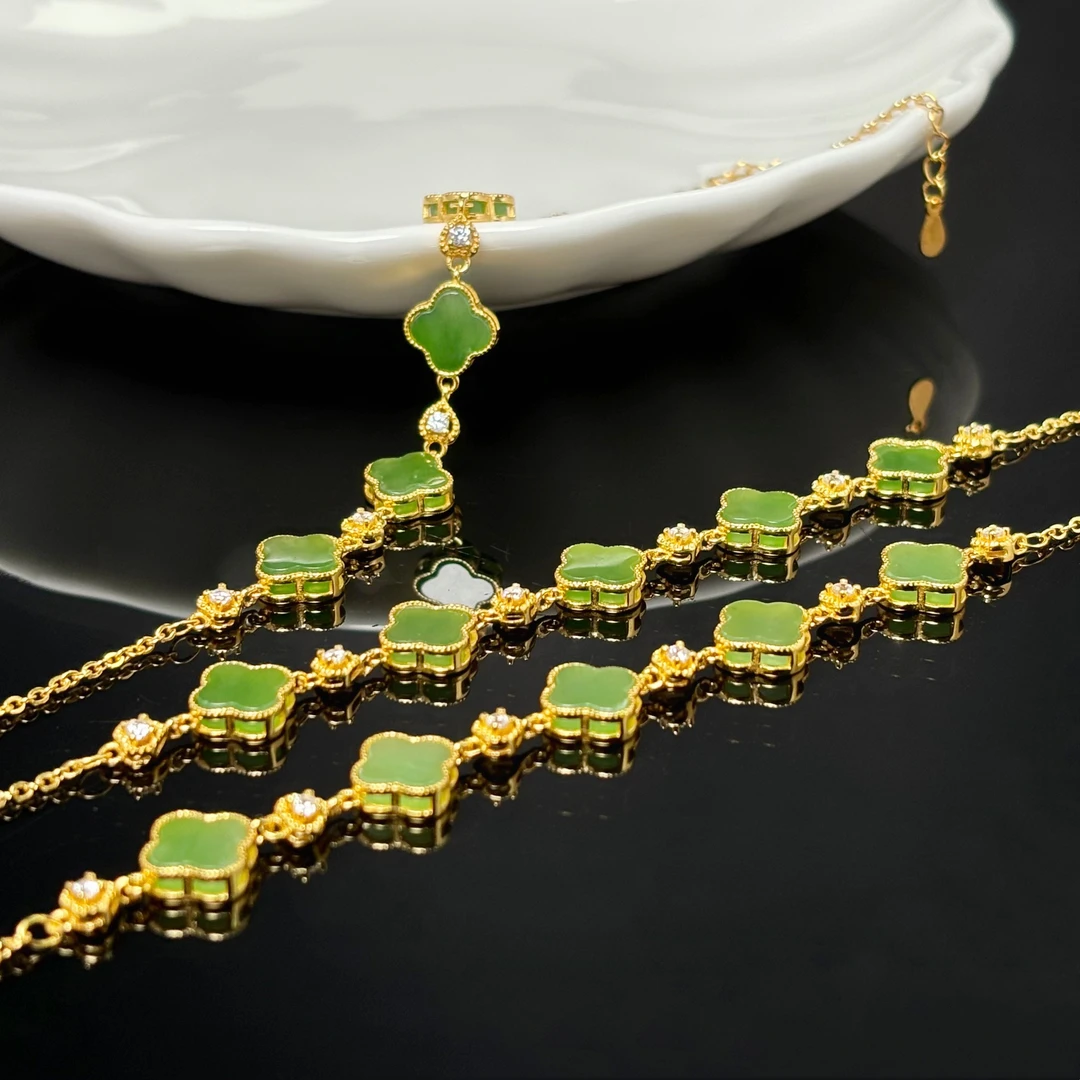 【新疆和田玉】925银镶和田玉四叶草手链(多样性发1件)2605