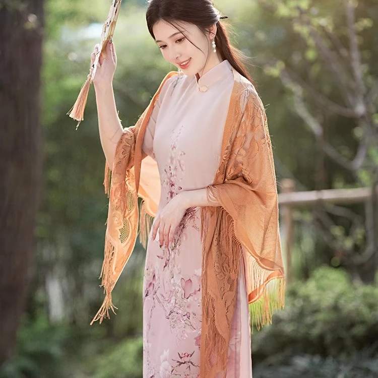 春秋新款云肩旗袍披肩国风高档女士丝巾洋气百搭优雅风流苏披纱