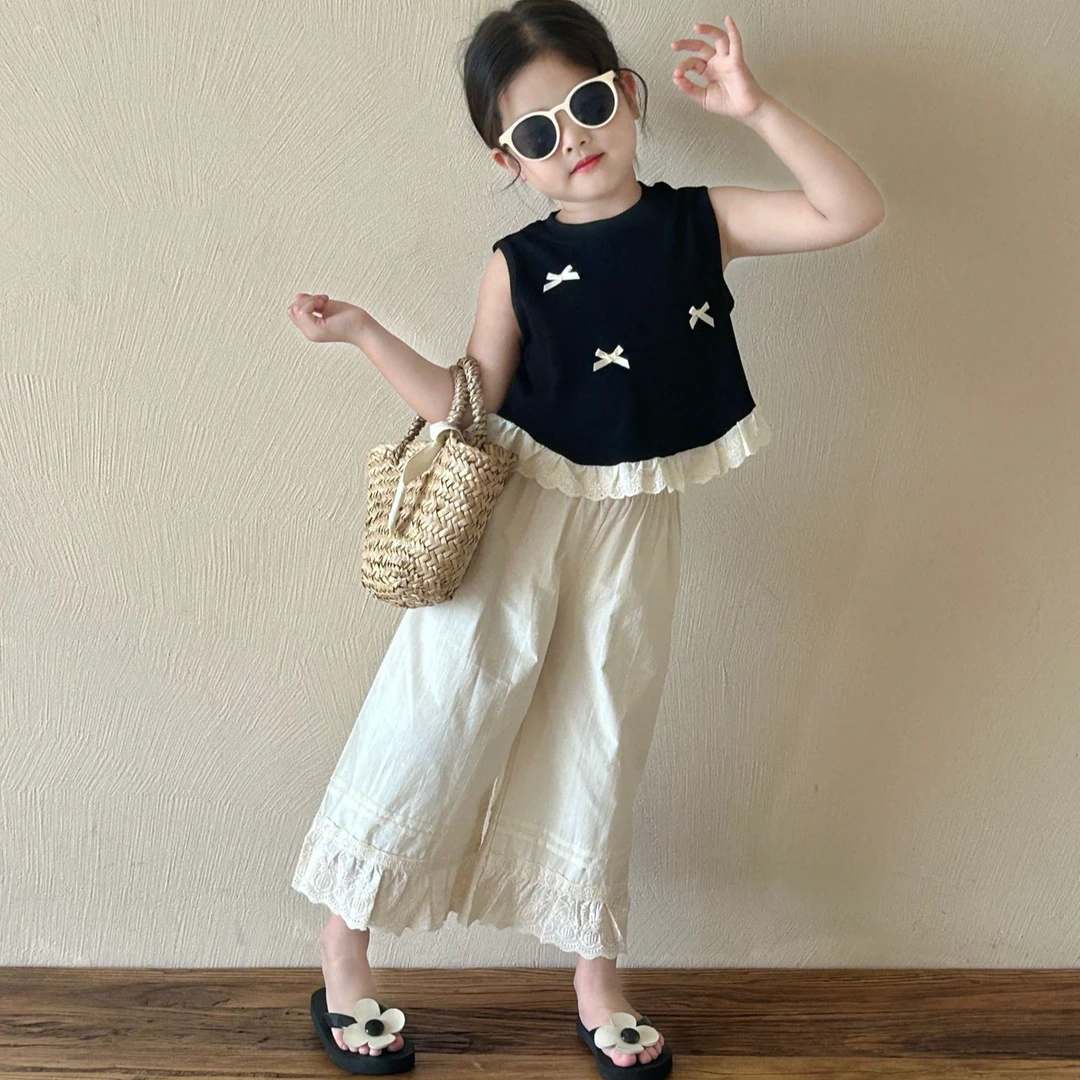 女童韩系蝴蝶结背心夏日穿搭配套棉布花边裤