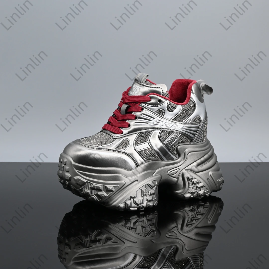 B加绒小个子内增高老爹鞋女2024厚底新款松糕休闲运动鞋潮鞋8977