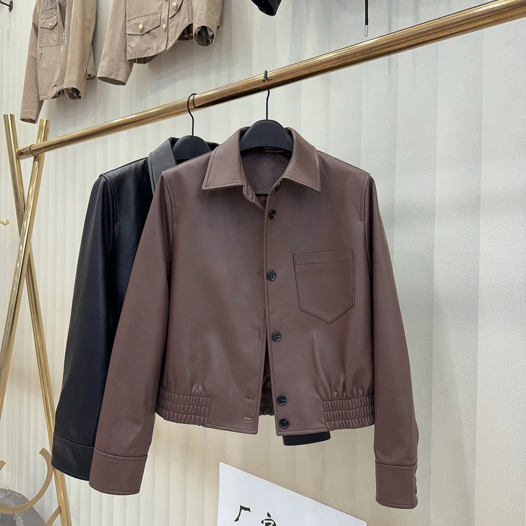 真皮皮衣女短款绵羊皮松紧腰休闲皮夹克外套