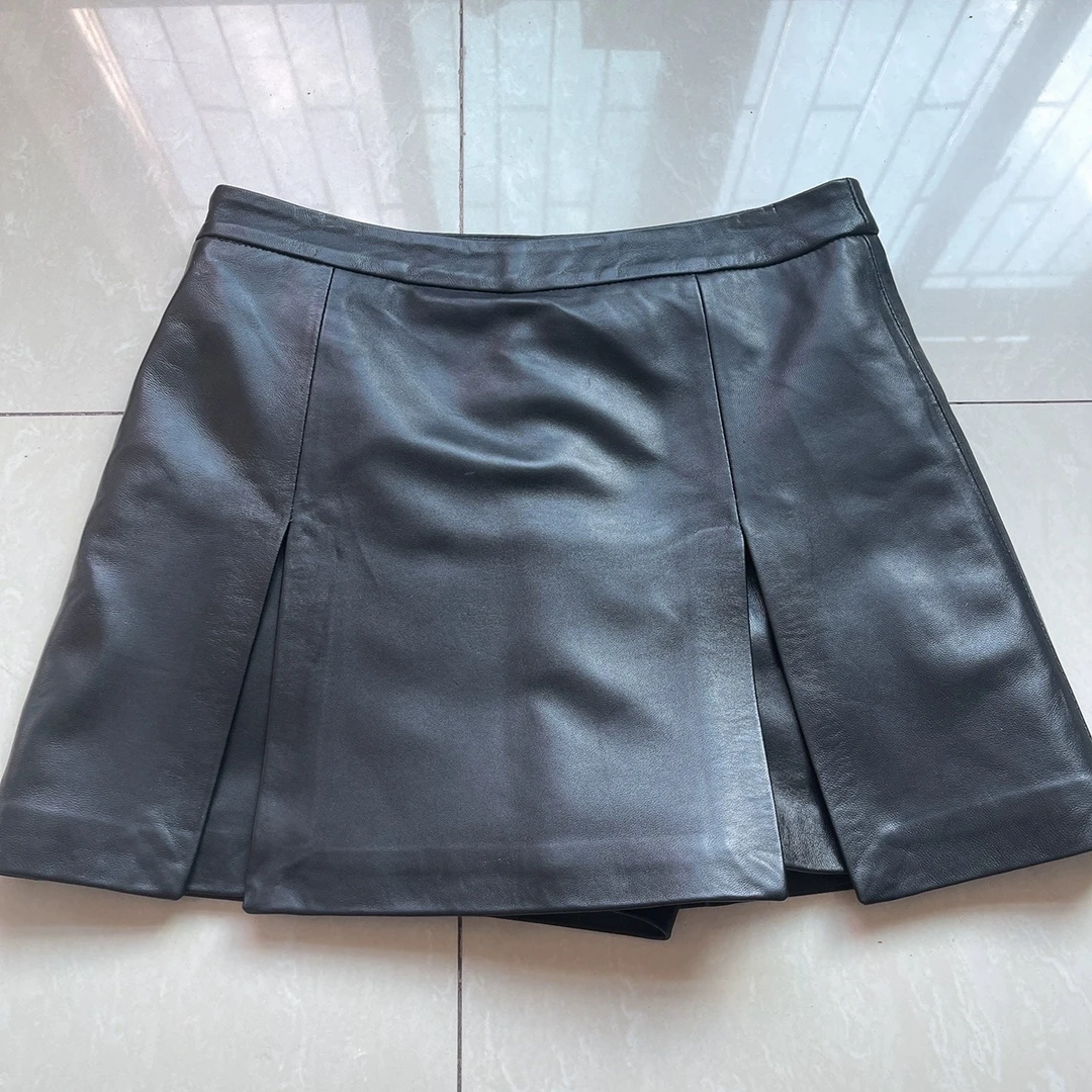 陈太太同款真皮开叉小黑裙女 绵羊皮高腰显瘦A字短裙百搭一步裙秋