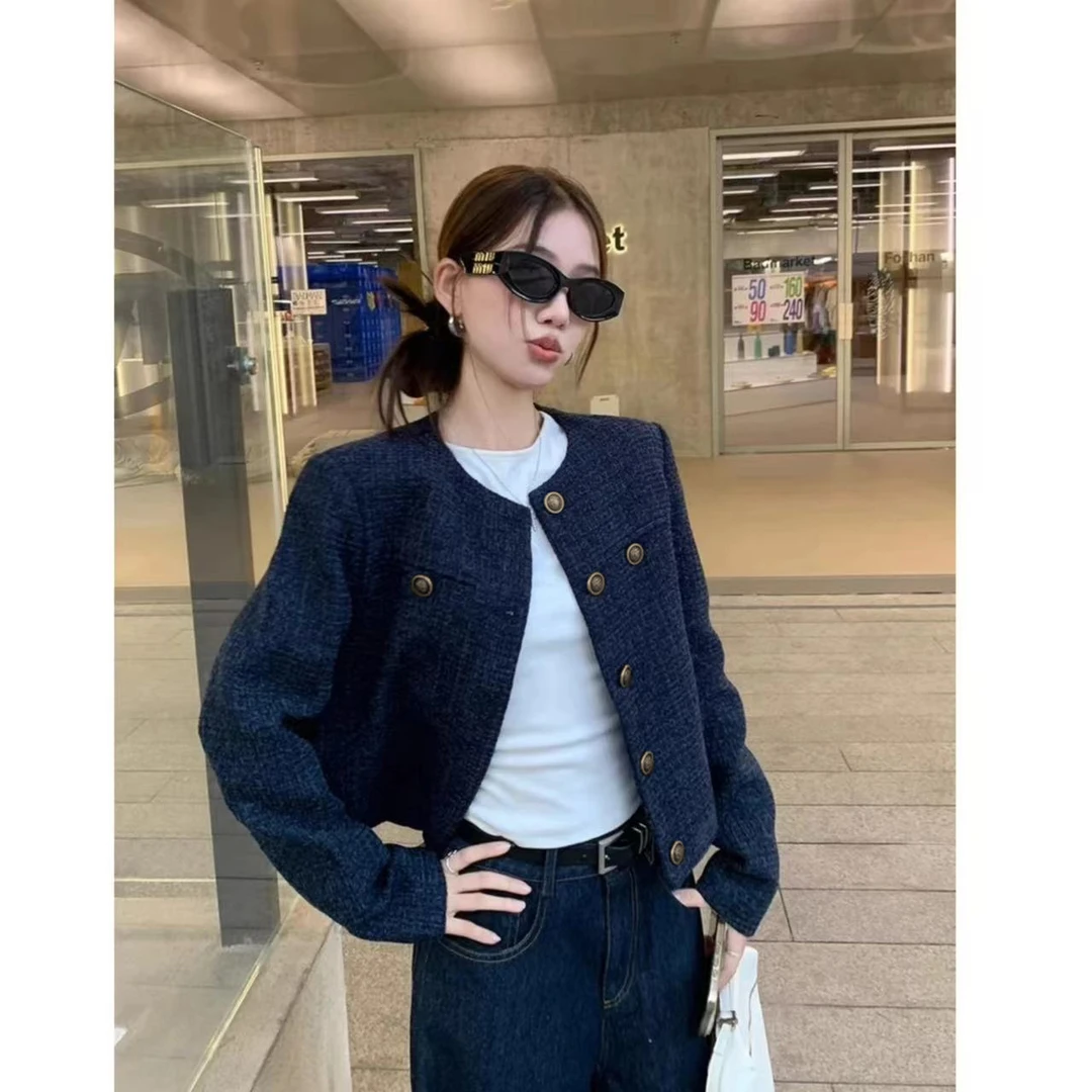 加棉秋冬蓝色新款休闲短款外套长袖上衣气质粗花呢小香风外套精品