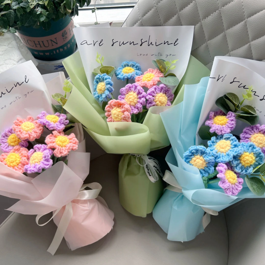 成品手工编织雏菊针织毛线花束钩织仿真花闺蜜生日送教师节礼物