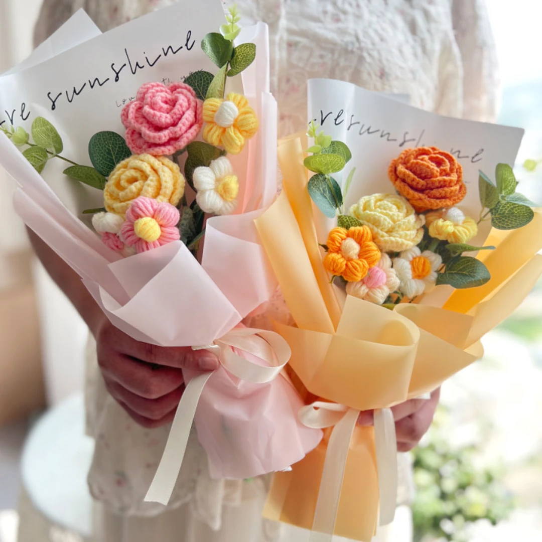玫瑰编织花束成品创意七夕情人节礼物针织毛线永生花闺蜜生日礼物