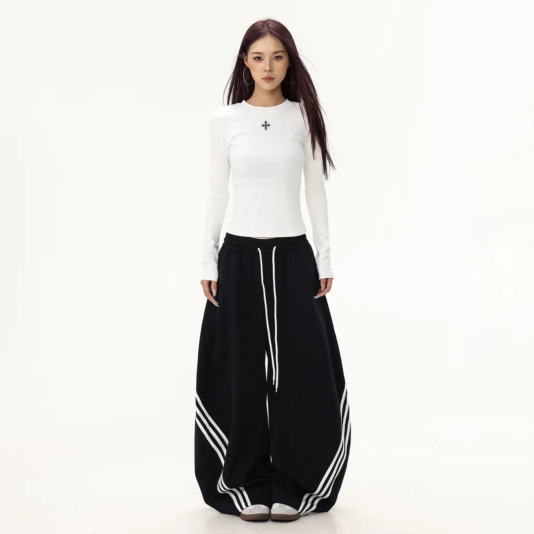 ORDERSTAGE美式街头条纹弯刀裤阔腿卫裤男女复古垂感休闲运动裤