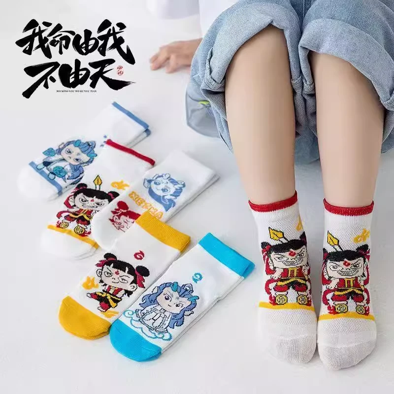 儿童哪吒袜子夏季薄款卡丝透气袜男女童卡通敖丙学生中筒网眼防臭