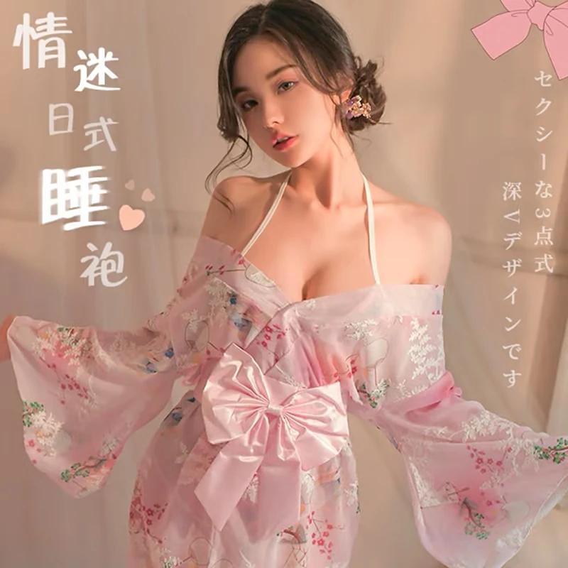 【私语】性感和服浴袍套装印花日系蝴蝶结诱惑制服装 公主系睡衣